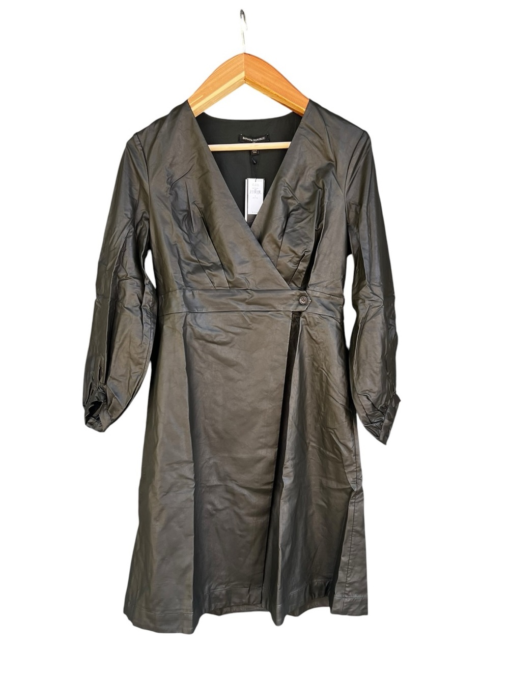 Banana Republic Olive Green Vegan Leather Wrap Dress Sz 8P NWT Faux Leather - Picture 2 of 9